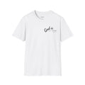 White t-shirt with black text on a white background