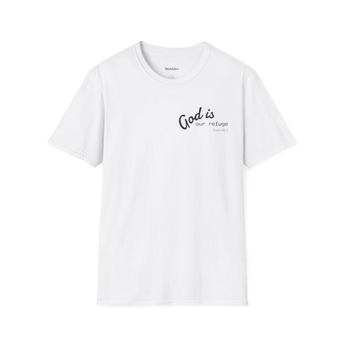 White t-shirt with black text on a white background