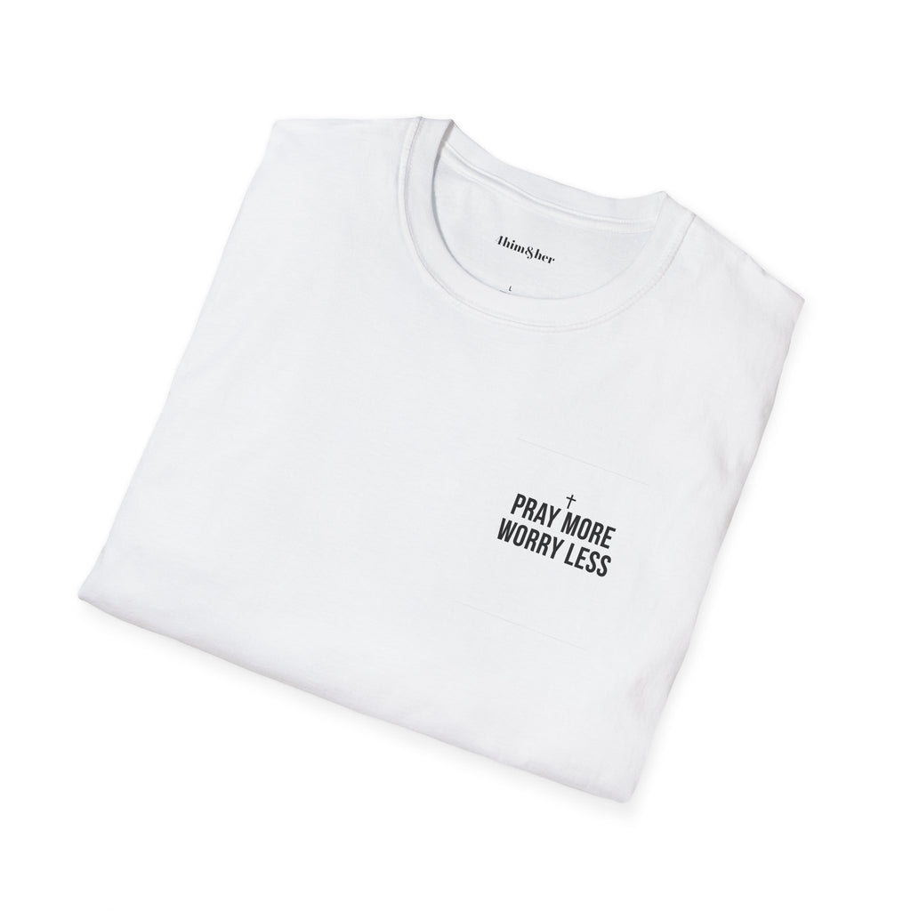 "Men's Philippians 4:13 faith graphic tee with Pray More Worry Less chest print on crewneck shirt"