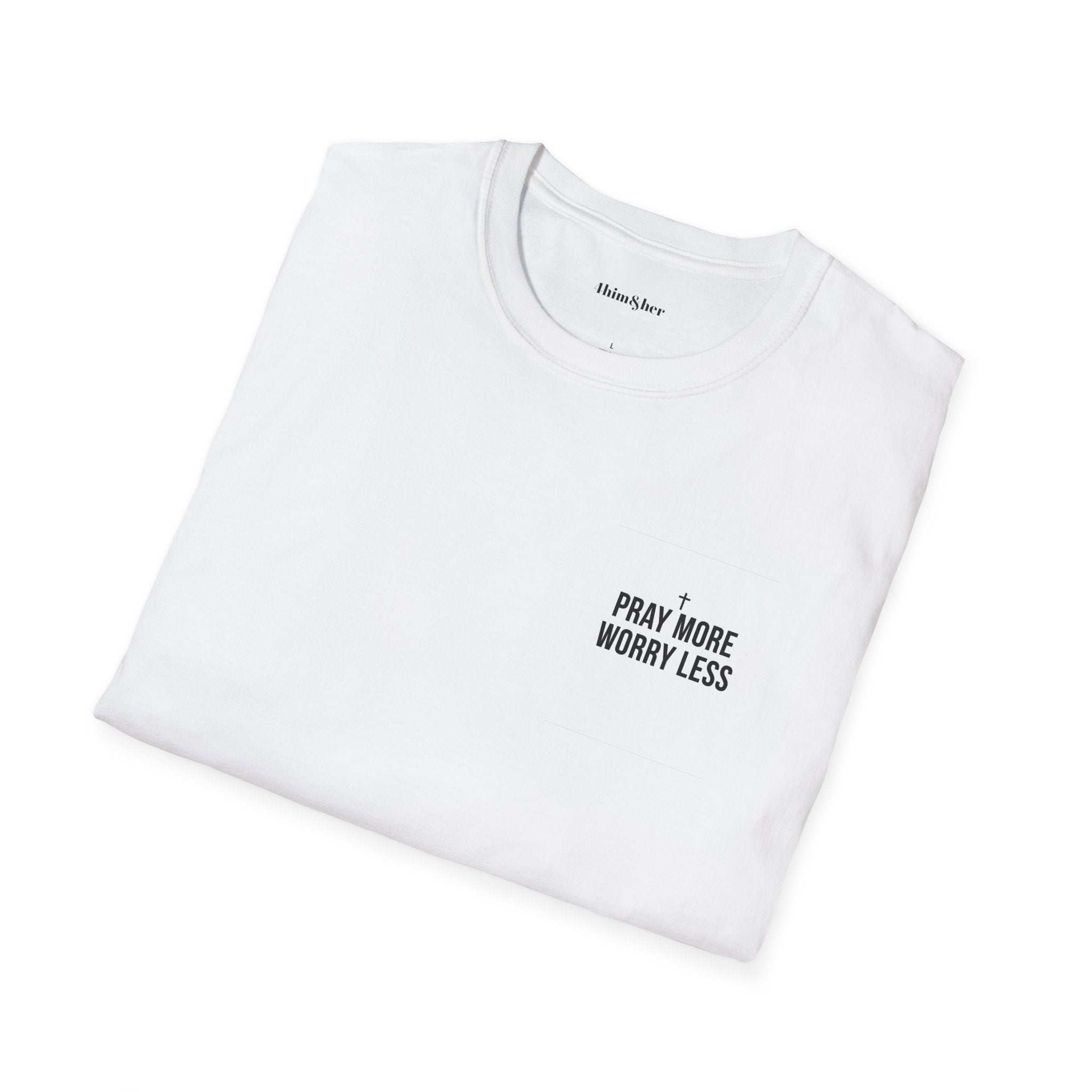 "Men's Philippians 4:13 faith graphic tee with Pray More Worry Less chest print on crewneck shirt"
