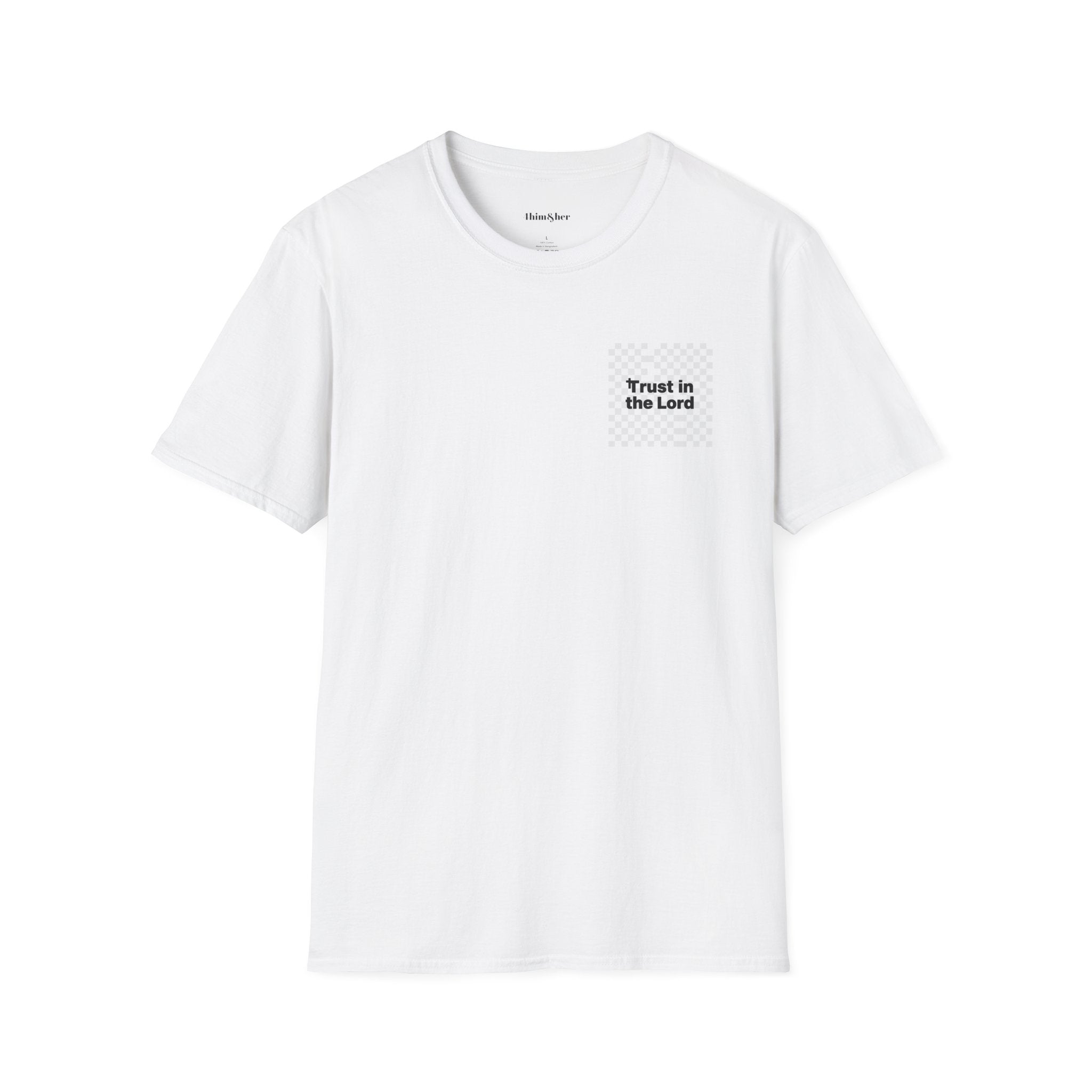 White t-shirt with 'Trust in the Lord' text on a white background