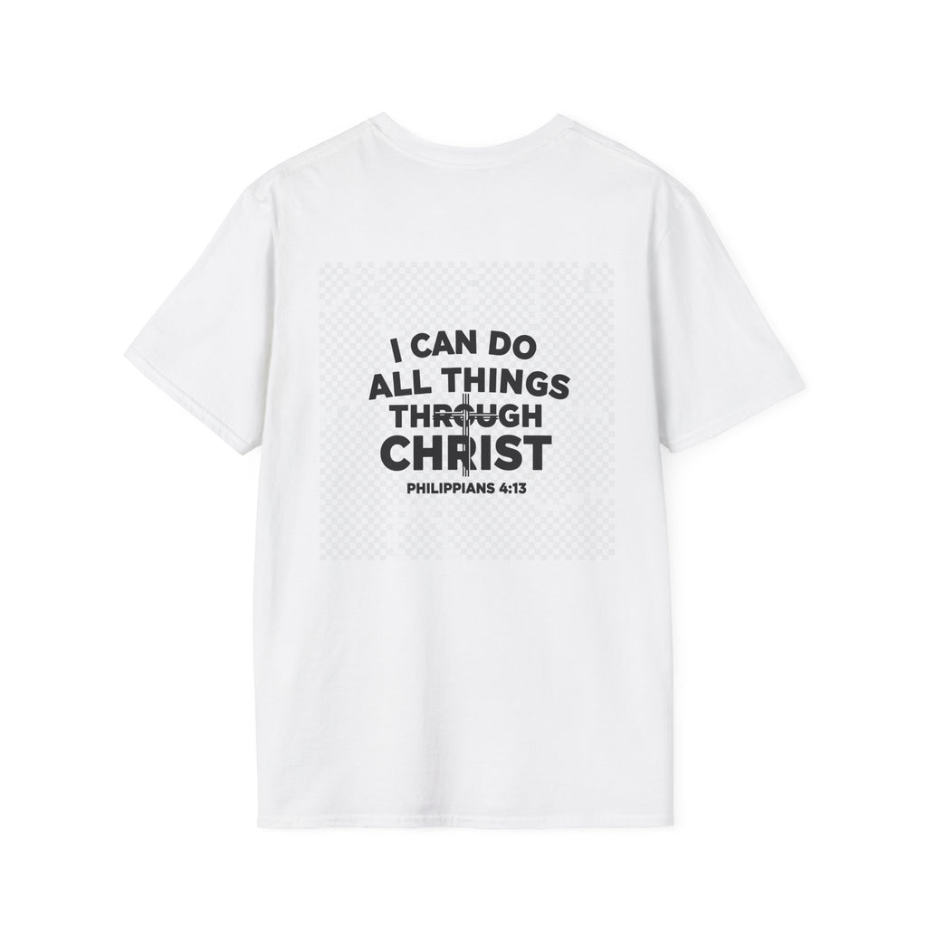 "Men's Philippians 4:13 faith graphic tee with Pray More Worry Less chest print on crewneck shirt"