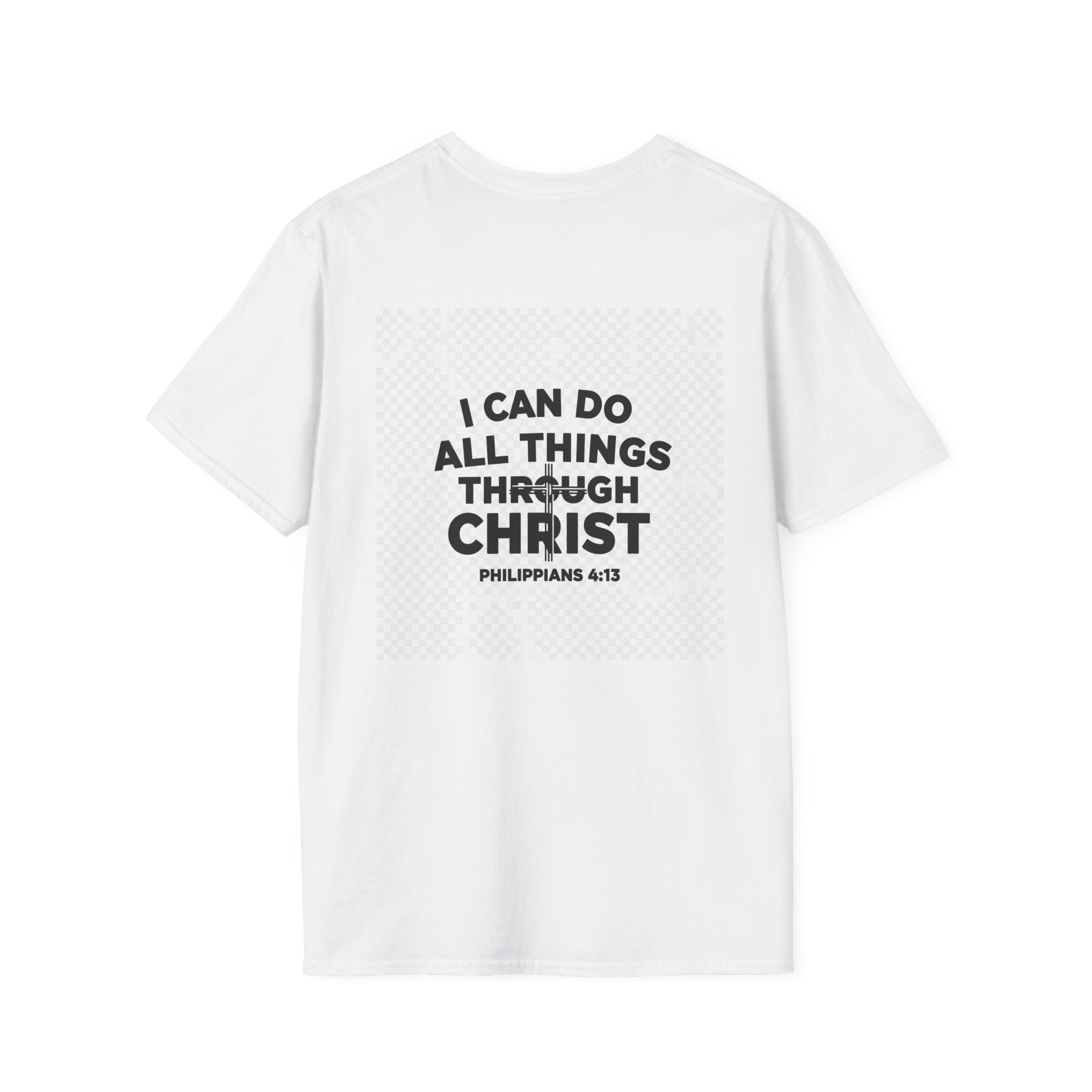 "Men's Philippians 4:13 faith graphic tee with Pray More Worry Less chest print on crewneck shirt"