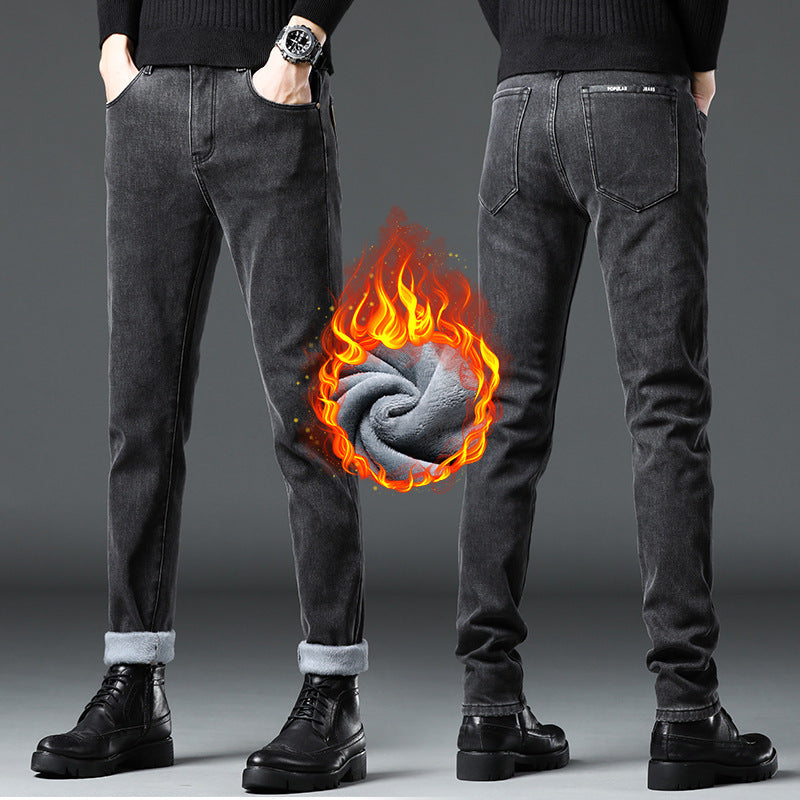 Denim Men'S Straight Loose Day System plus Fleece Casual Long Pants